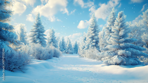 Winter landscape with snow and Christmas trees for a Merry Christmas and Happy New Year greeting