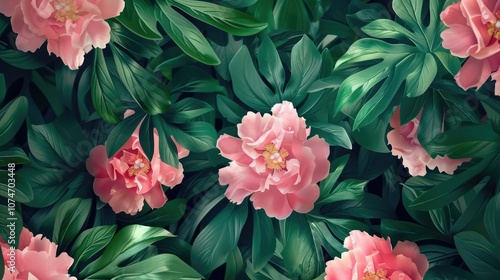 Background of a mix of delicate pink peony blossoms and fresh green leaves