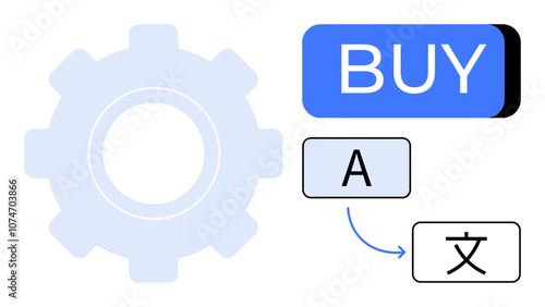 Gear icon adjacent to a blue BUY button, with an arrow leading from an A label to a Chinese character. Ideal for e-commerce, translation services, technology integration, app development, user