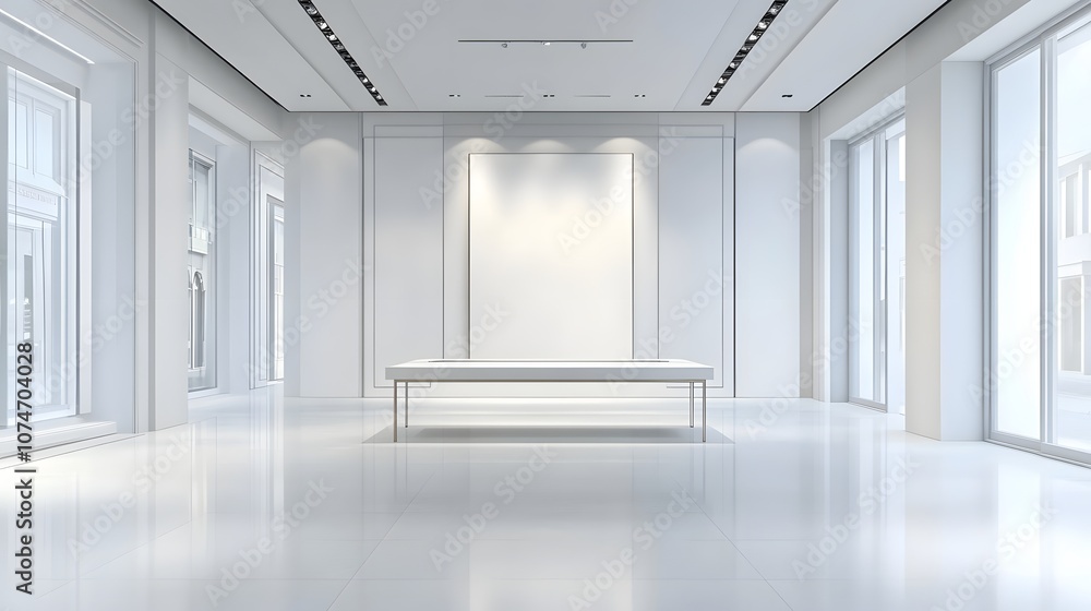 74. A luxury fashion store with white walls and a polished display table, empty and ready for a product 74. A luxury fashion store with white walls and a polished display table, empty and ready for a product