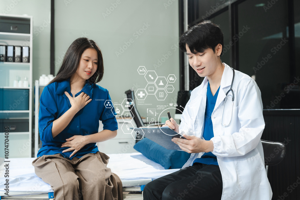 Fototapeta premium woman patient filling insurance legal document at appointment with doctor. woman patient signing medical treatment contract, agreement form for taking medic care service, consultation, therapy