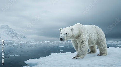 A majestic polar bear traverses an ice floe in the Arctic Ocean, embracing the serene beauty of its frigid habitat at dawn