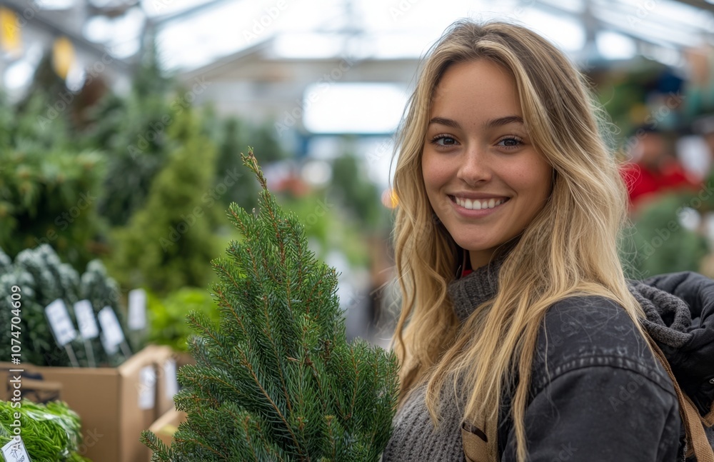 Cheerful woman shopping for Christmas tree at outdoor holiday market Cheerful woman shopping for Christmas tree at outdoor holiday market