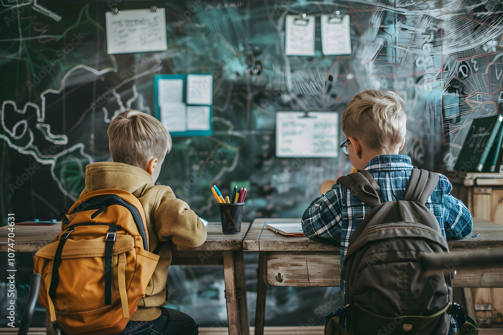 Back view of schoolboy writing on chalkboard while classmate studying at desk Back view of schoolboy writing on chalkboard while classmate studying at desk