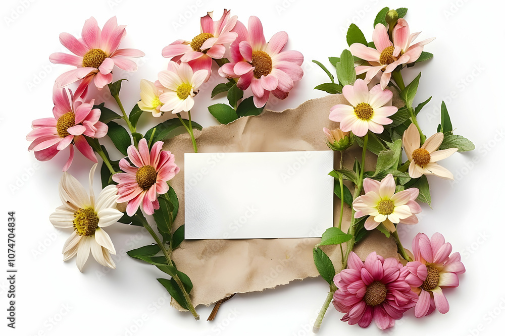 Obraz premium Beautiful handmade flowers arranged around blank greeting card isolated on white