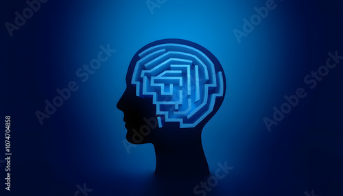 Maze of reason and psychology concept with man head with labyrinth on blue background isolated with white highlights, png