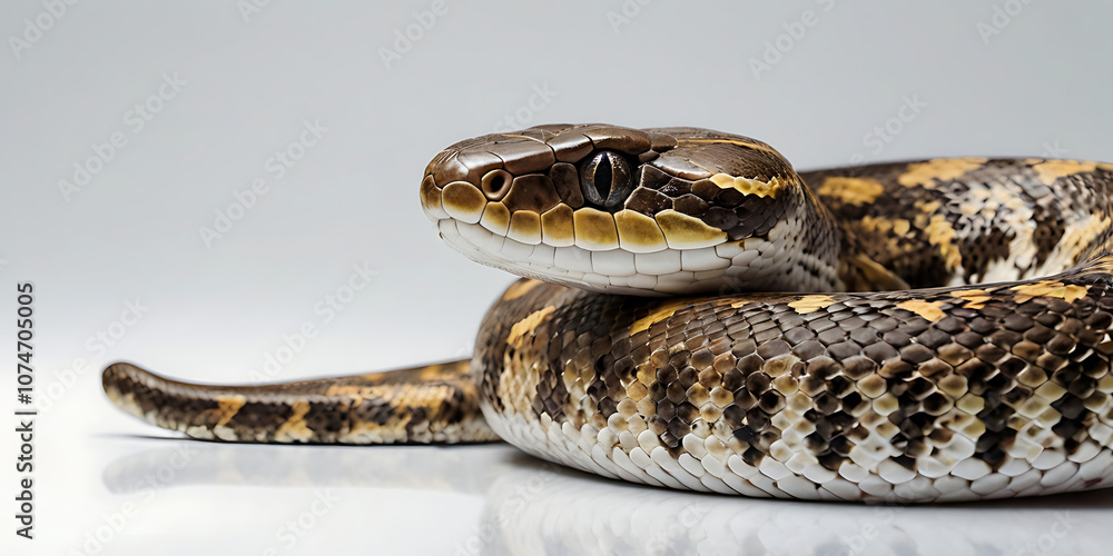 a coiled snake with various unique patterns and types, lying on a white background. Realistic view. created with generative AI a coiled snake with various unique patterns and types, lying on a white background. Realistic view. created with generative AI