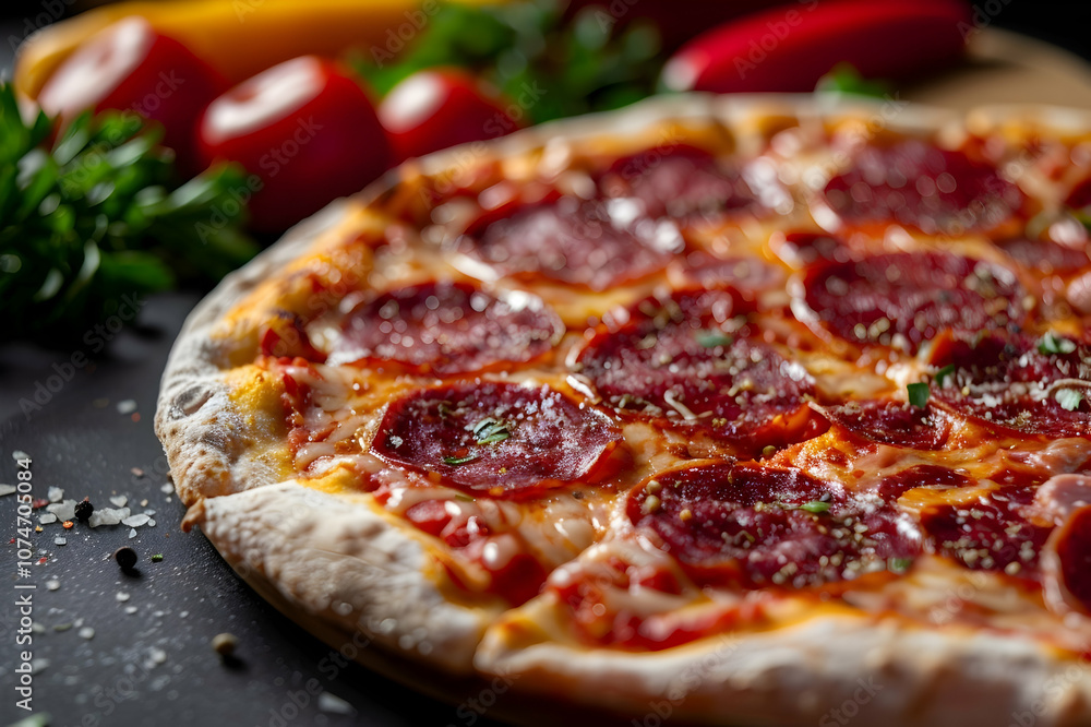 close up view of delicious Italian pizza with salami near vegetables on black background, panoramic close up view of delicious Italian pizza with salami near vegetables on black background, panoramic