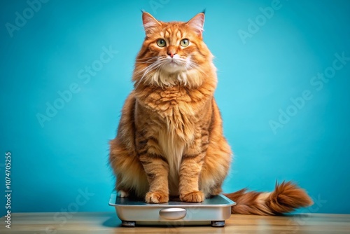 Wallpaper Mural A Majestic Orange Cat Sitting on a Modern Scale Against a Bright Blue Background - Captivating Panoramic Photography of Pets and Weight Measurement Torontodigital.ca