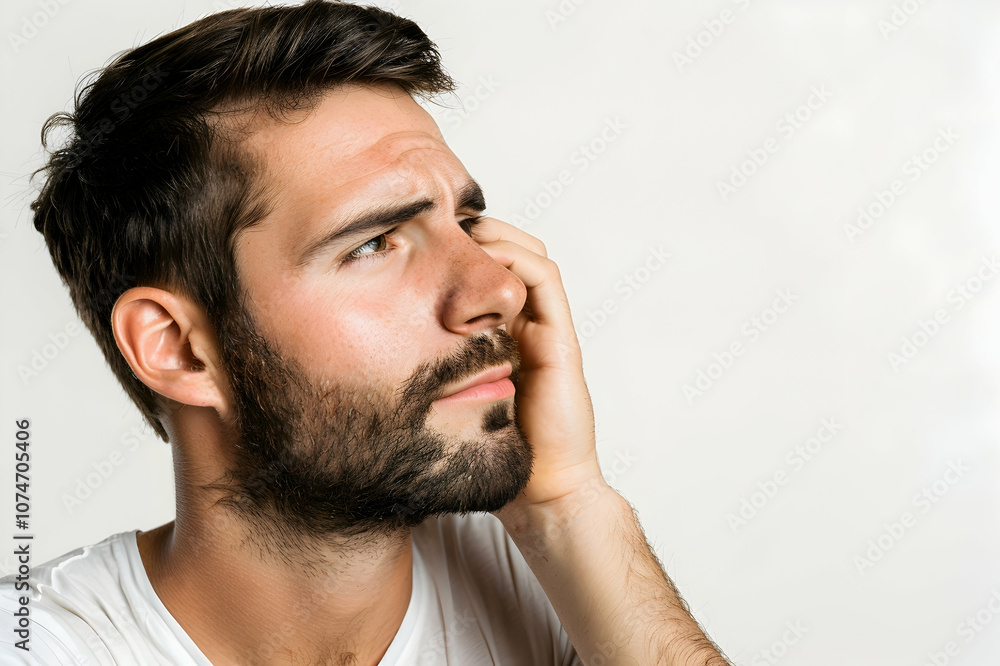 Concentrated man looking away while touching cheek isolated on white Concentrated man looking away while touching cheek isolated on white