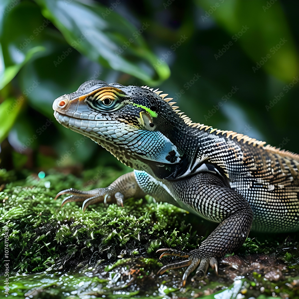 Fototapeta premium bay varnas Salvatore lizard closeup on moss varnas Salvatore lizard on moss