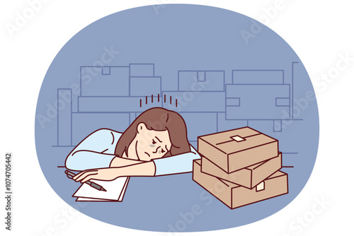 Upset girl near cardboard boxes works in warehouse or logistics company and falls asleep sitting at table. Tired woman feels lack of motivation to work in warehouse or fulfillment industry