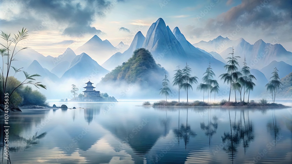 Serene Mountain Reflections in a Misty Lake, With Tranquil Pagoda on a Small Island Serene Mountain Reflections in a Misty Lake, With Tranquil Pagoda on a Small Island