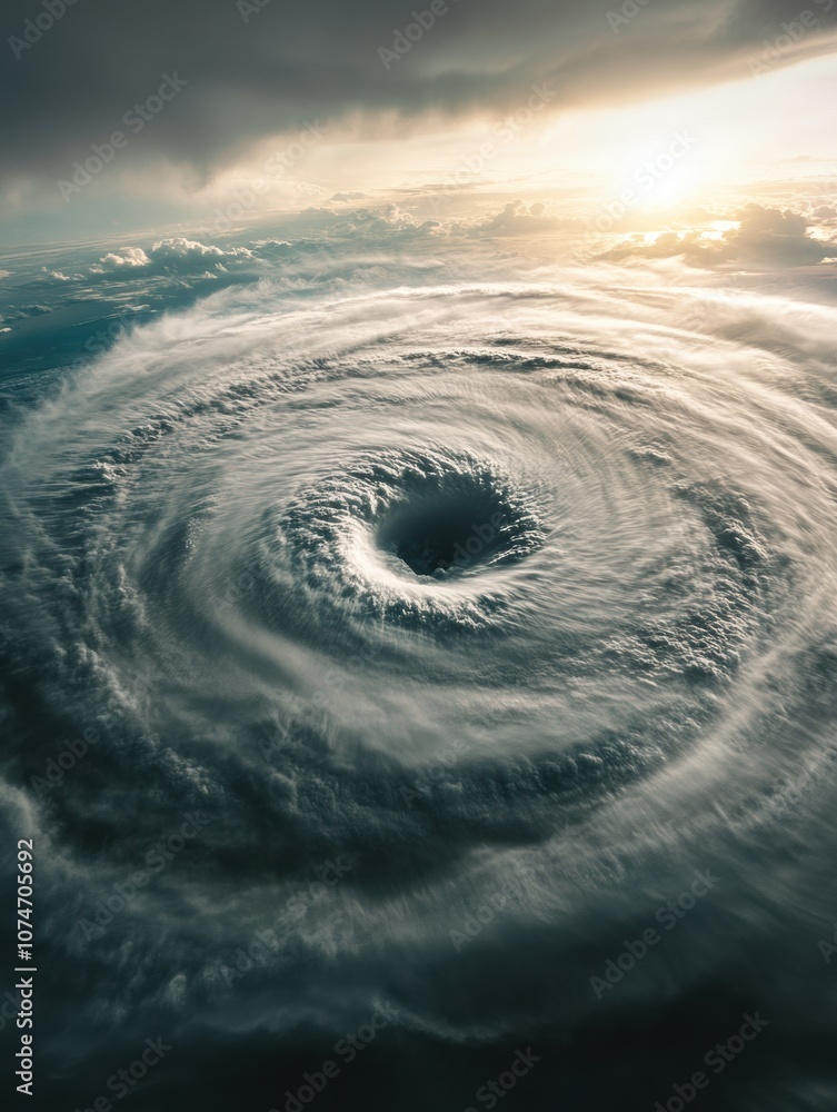 A massive hurricane spins over the vast ocean, creating a dramatic whirlpool of clouds and turbulent winds as the sun sets. Generative AI A massive hurricane spins over the vast ocean, creating a dramatic whirlpool of clouds and turbulent winds as the sun sets. Generative AI