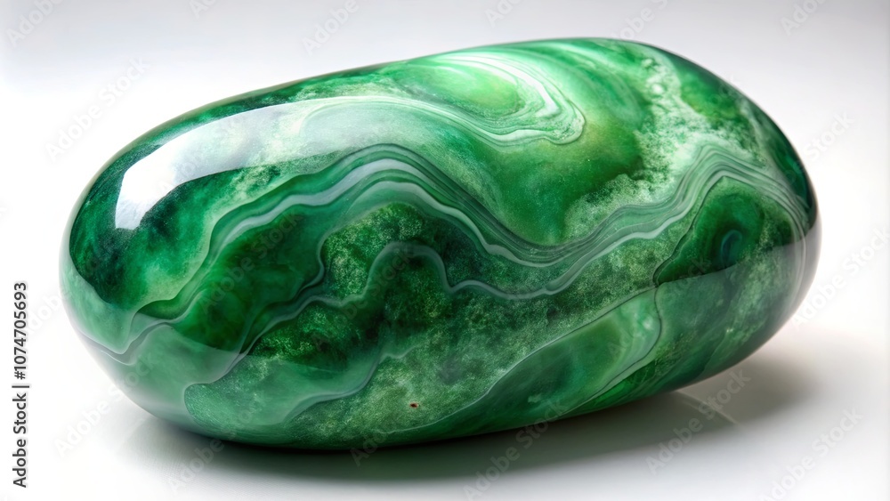 Fototapeta premium A Smooth, Ovoid Gemstone with Intricate Green and White Swirls, Displayed on a Pristine White Surface