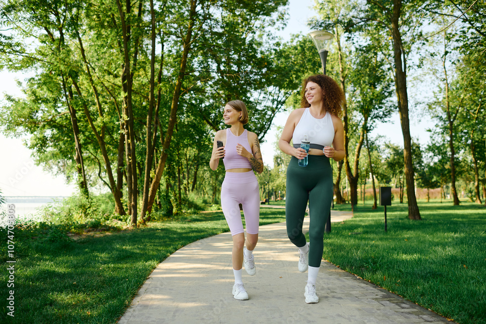 Fototapeta premium Two women enjoy jogging side by side in a vibrant green park.