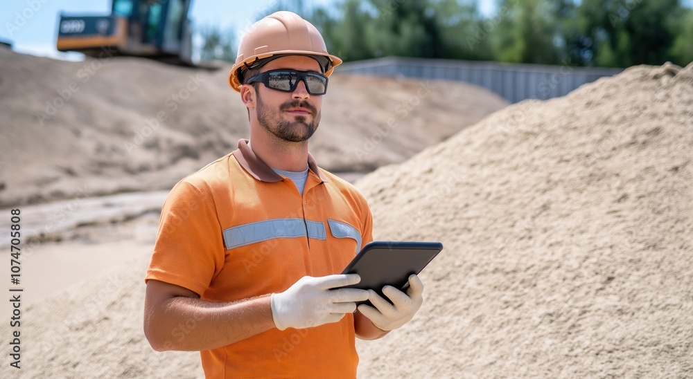 Fototapeta premium Construction site manager with safety glasses and a tablet, utilizing modern technology for onsite material assessment and project coordination in a construction environment.