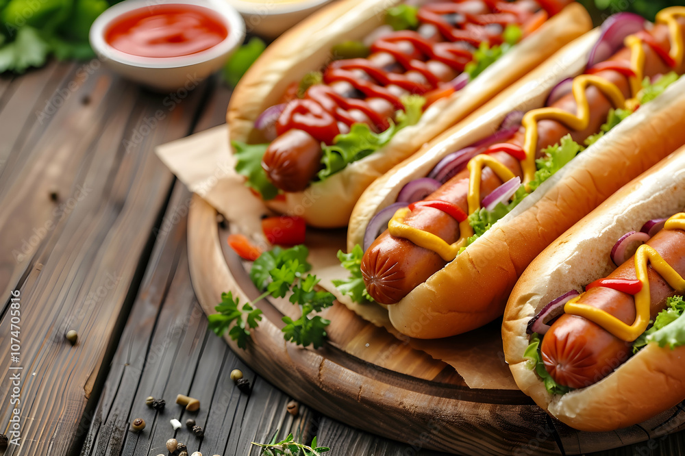 fresh various tasty hot dogs with vegetables and sauces on wooden table fresh various tasty hot dogs with vegetables and sauces on wooden table