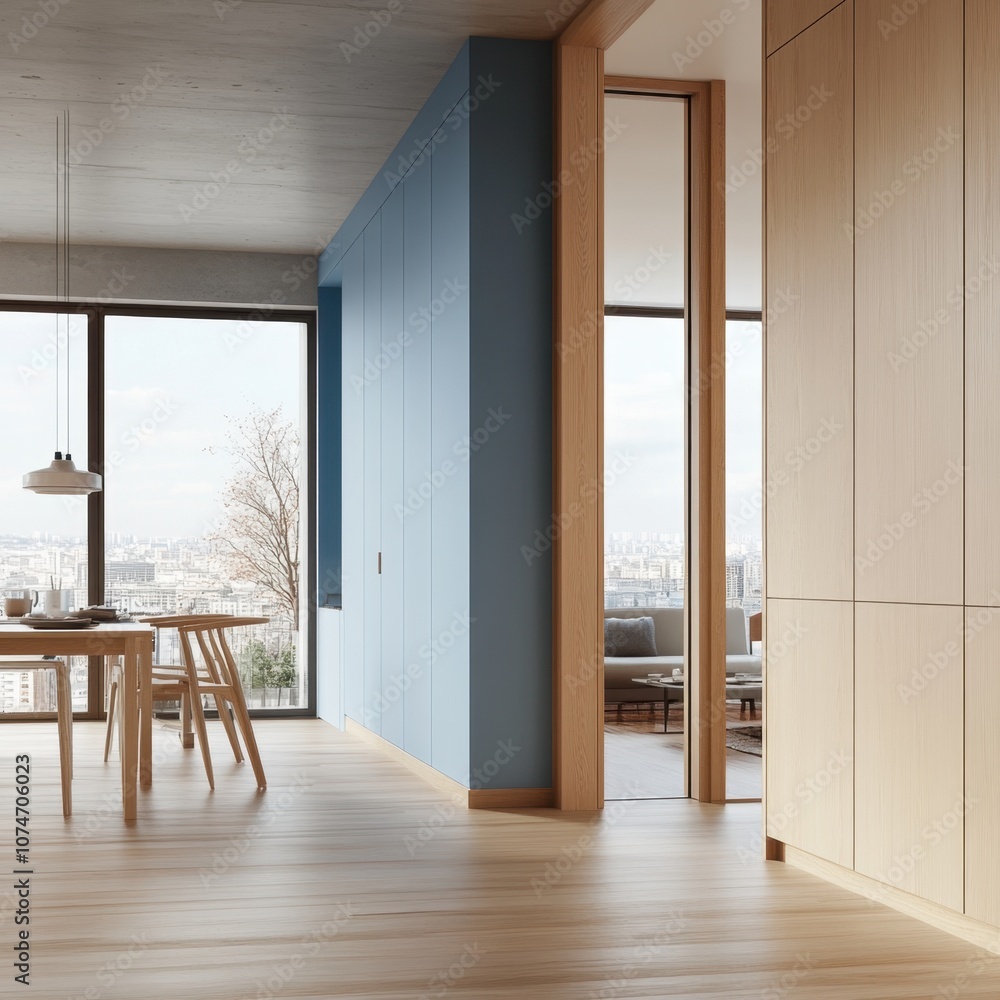 A blue wall with a window and a wooden door A blue wall with a window and a wooden door