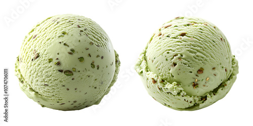 Two scoops of pistachio ice cream with nut pieces isolated on white background for dessert concep, Cutout, Isolated on White Background