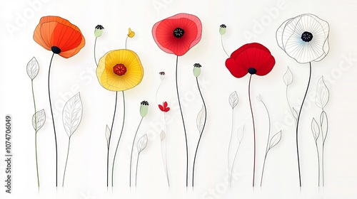 Vibrant and colorful poppy flower featuring a unique stained glass effect created with bold outlines and rich vivid colors for an and decorative approach