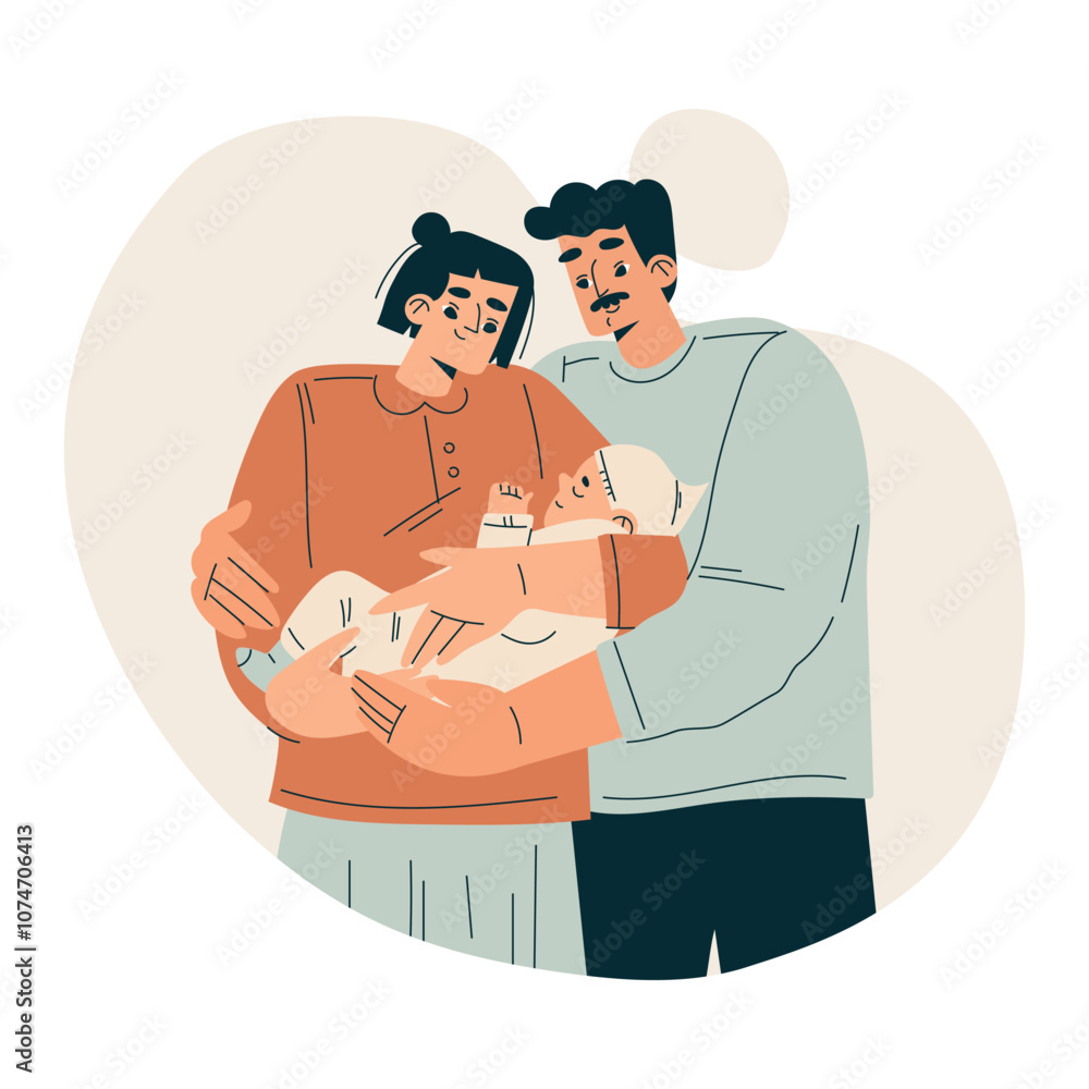 Young Man and Woman with Newborn Baby Child Vector Illustration Young Man and Woman with Newborn Baby Child Vector Illustration