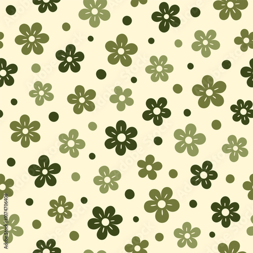 Seamless vector pattern featuring stylized olive flowers and polka dots in a minimalist style. Elements in green shades are set against light background, creating a simple nature-inspired design