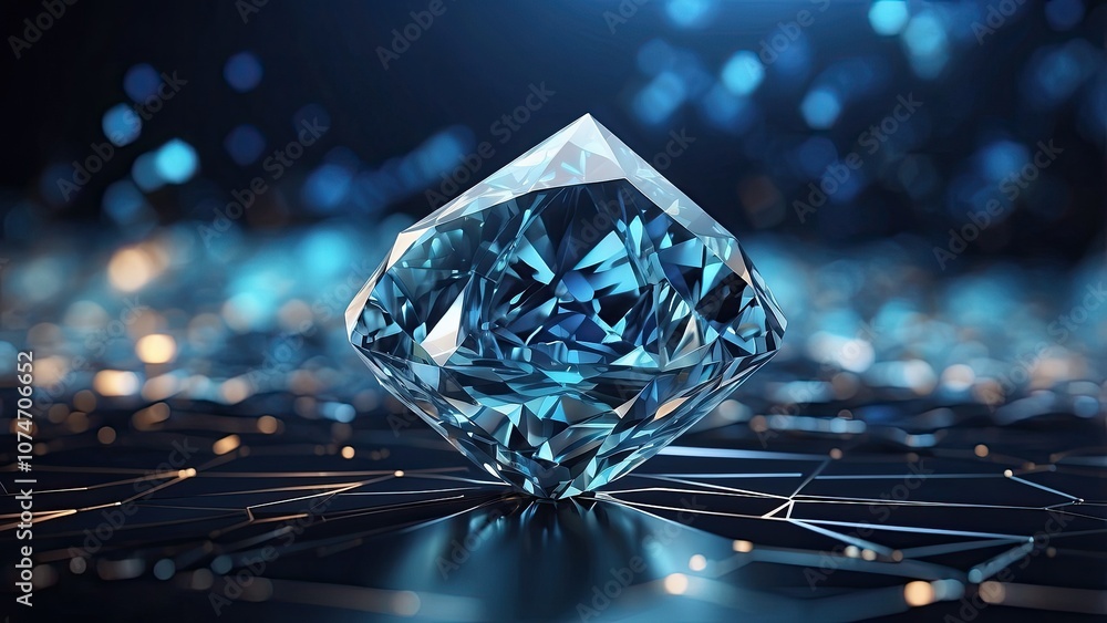 Polygonal light lines and an abstract blue diamond on a digital backdrop- Polygonal light lines and an abstract blue diamond on a digital backdrop-