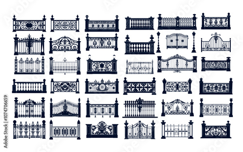 Fences black silhouettes vector set. Metal gates steel decorative rods barriers floral motifs classical ornamental mansions parks balcony terrace castles hurdles, outdoor isolated exterior