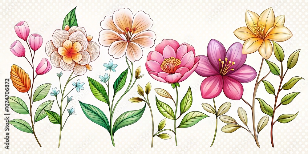 Obraz premium Hand-Drawn Silhouette of Floral Beauties: A Collection of Delicate Flowers in a Colorful and Artistic Style for Engaging Coloring Activities and Creative Projects