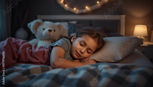 A young girl peacefully sleeps with her teddy bear in a cozy bedroom during night time