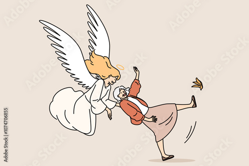 Guardian angel saves grandmother who has fallen on banana peel and is at risk of injury. Guardian angel with wings behind back and halo above head helps unfortunate grandmother during time of failure