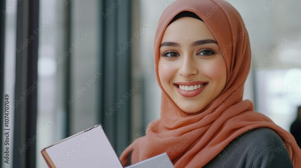 Hijabi Professional Smiling at Document Hijabi Professional Smiling at Document