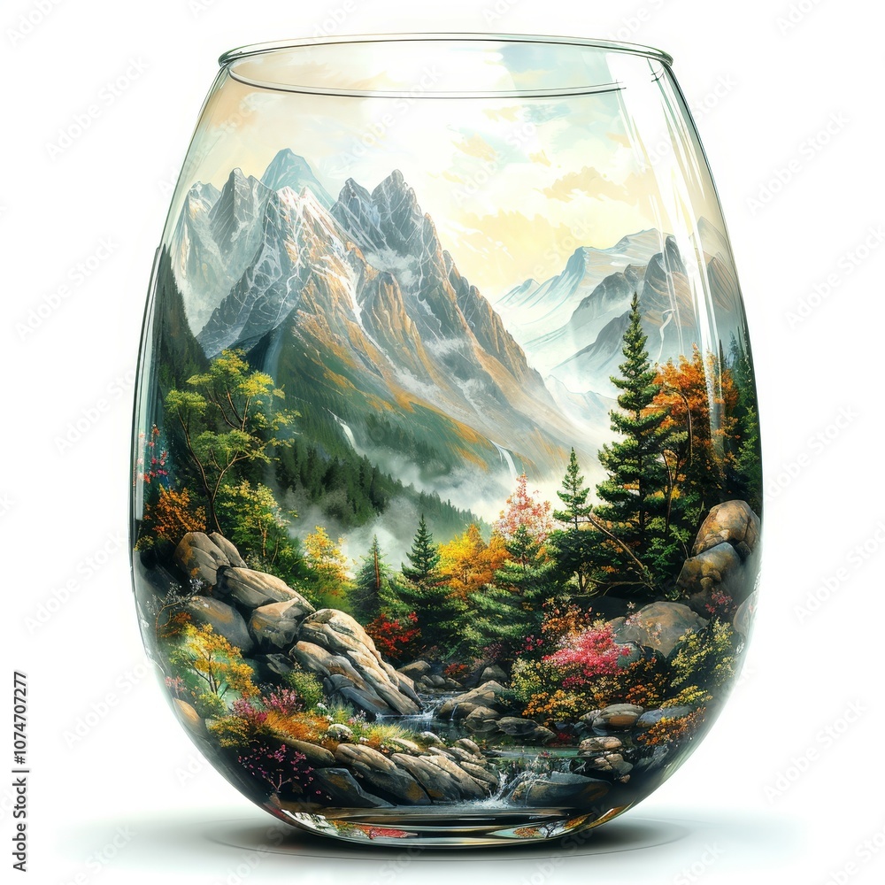 Clear glass filled with beautiful scenery, landscape Created with Generative AI technology Clear glass filled with beautiful scenery, landscape Created with Generative AI technology