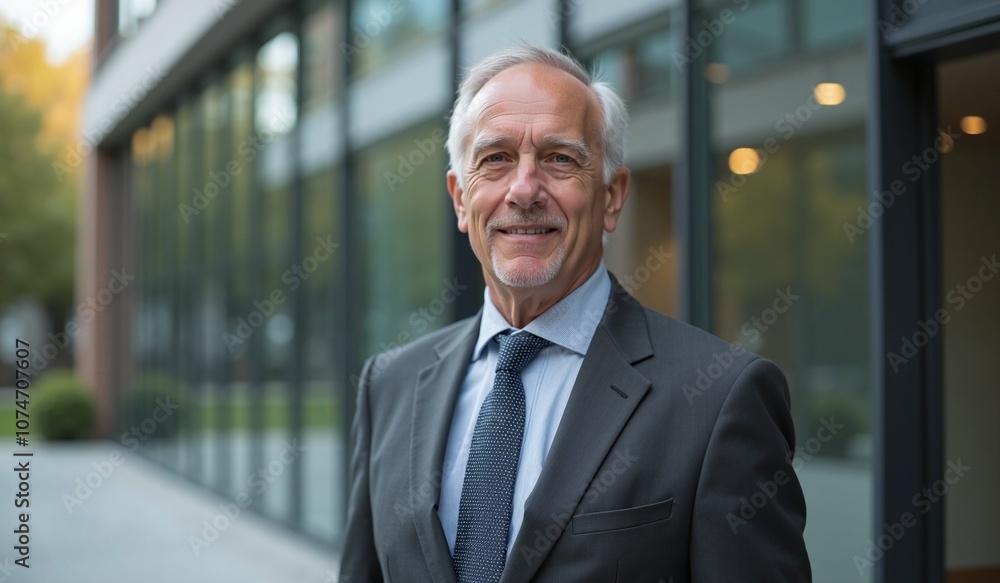 Senior businessman smiling confidently outside modern office building Senior businessman smiling confidently outside modern office building
