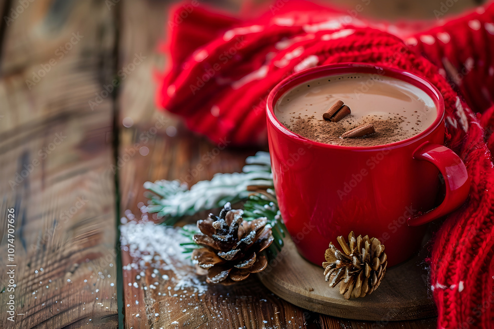 Selective focus of red cup of cocoa near pine cone on wooden background Selective focus of red cup of cocoa near pine cone on wooden background