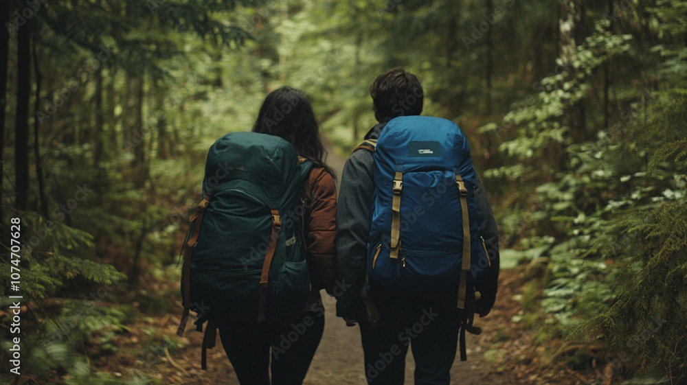 couple walking hand in hand on forest trail with backpacks couple walking hand in hand on forest trail with backpacks