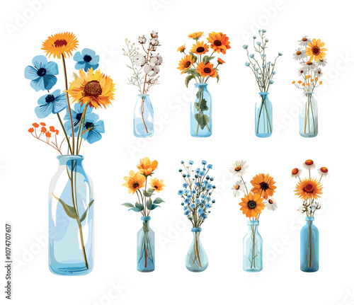 Flower bouquets cartoon vector set. Vases blossoms branches sunflower chamomile bundles, fresh floret natural herbs home blooming plants interior decoration isolated illustration