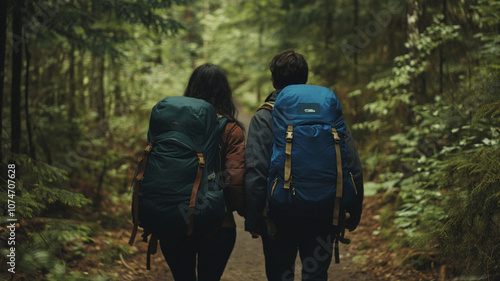 Wallpaper Mural couple walking hand in hand on forest trail with backpacks Torontodigital.ca