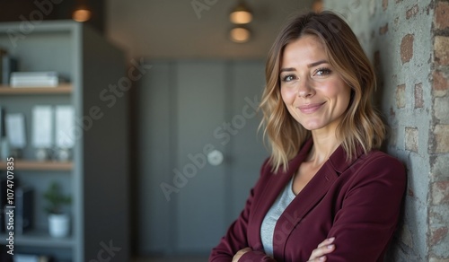 Woman with confident smile leaning against brick wall in office setting