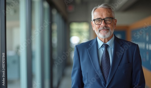 Senior businessman with confident smile standing in modern office corridor