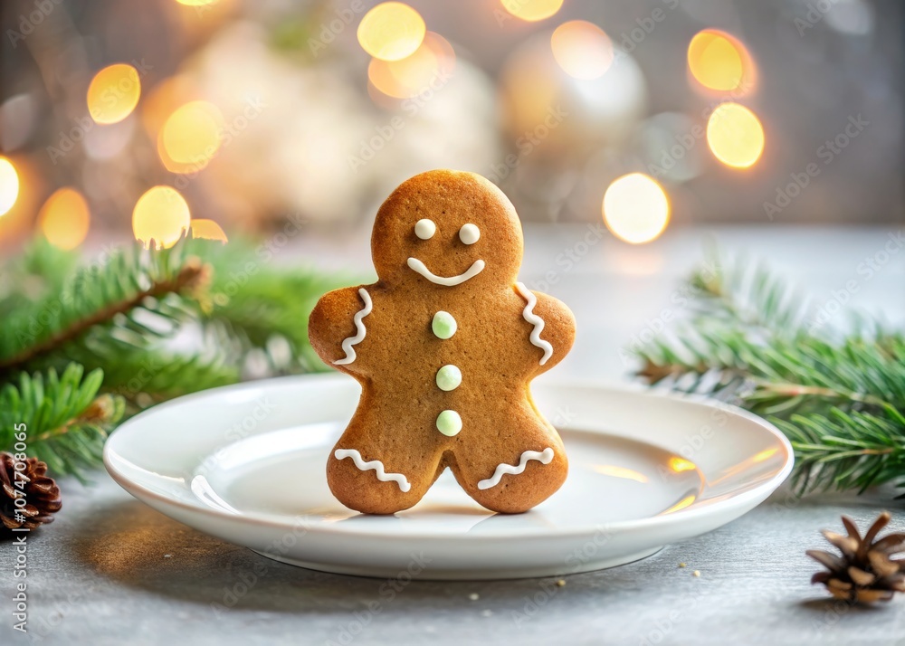 Simple and Elegant Gingerbread Decor with Festive Touch for Holiday Celebrations, Featuring a Charming Cookie on a Plate Surrounded by Natural Elements Simple and Elegant Gingerbread Decor with Festive Touch for Holiday Celebrations, Featuring a Charming Cookie on a Plate Surrounded by Natural Elements