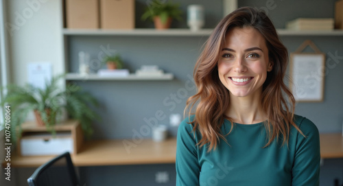 Young woman with radiant smile working from home office against organized shelves