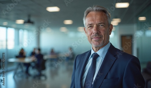 Senior businessman with confident expression in modern office environment