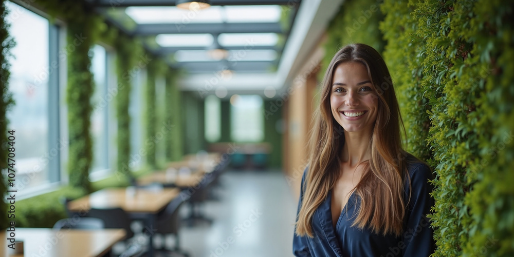 Cheerful Woman Smiling Confidently in Eco-Friendly Office Space Cheerful Woman Smiling Confidently in Eco-Friendly Office Space