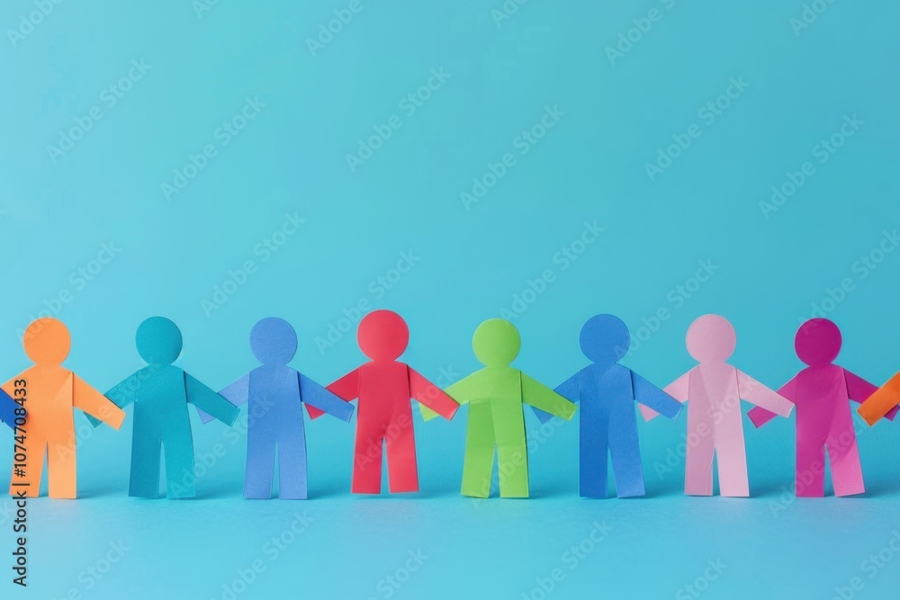 Colorful Paper People Line on Blue Background Colorful Paper People Line on Blue Background