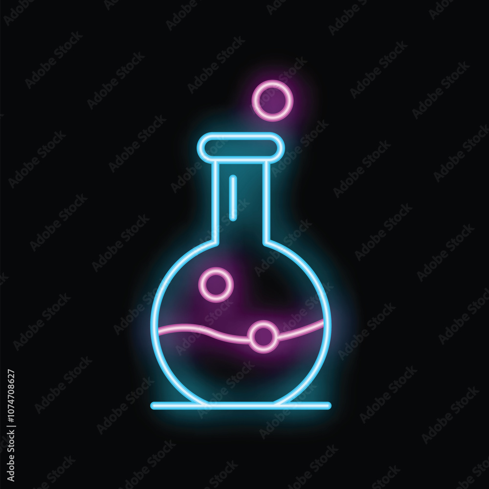 Glowing neon icon of a chemical flask, with bubbles, on a black background Glowing neon icon of a chemical flask, with bubbles, on a black background