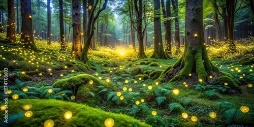 A luminous forest floor, aglow with the soft light of countless fireflies, illuminates a scene of nature's magic, where ancient trees stand as silent witnesses to the enchantment.