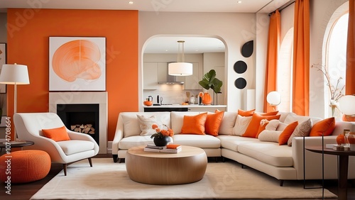 Warm lighting, orange accents, and elegant furniture combine to create a stylish living space that combines contemporary style with plush comfort.-