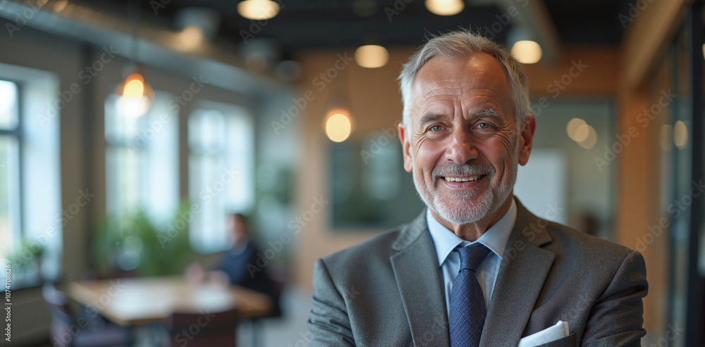 Confident Senior Executive Smiling Warmly in Modern Office Confident Senior Executive Smiling Warmly in Modern Office
